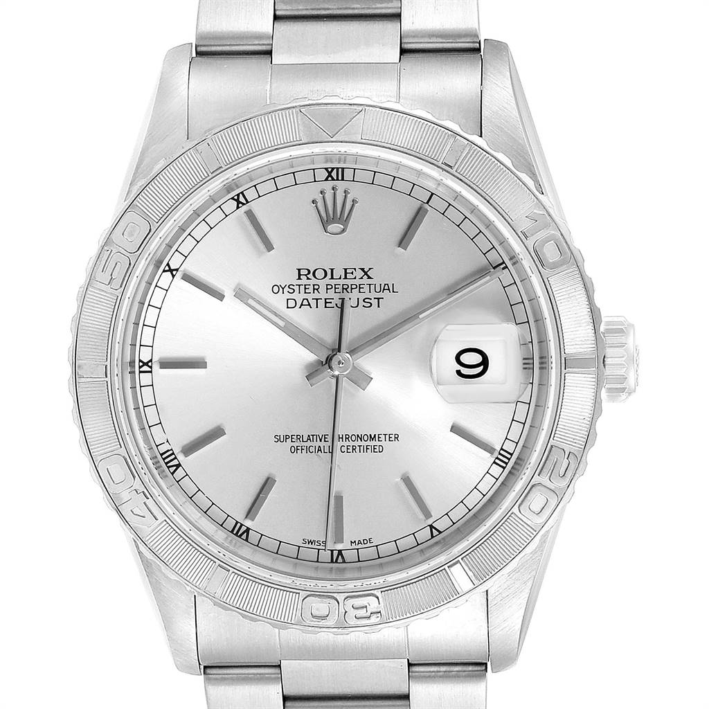 This image shows a front view of a Rolex Turn-o-Graph 16264 Men
s Stainless Steel Silver Dial 16264 Men
s Stainless Steel Silver Dial watch, featuring the dial, bezel, date window, and bracelet.