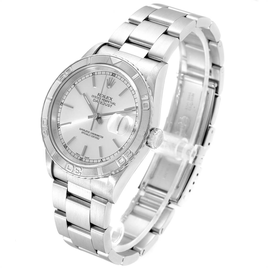 The image displays a Rolex Turn-o-Graph 16264 Men
s Stainless Steel Silver Dial 16264 Men
s Stainless Steel Silver Dial watch from a 3/4 front angle, highlighting its face, bezel, and bracelet.