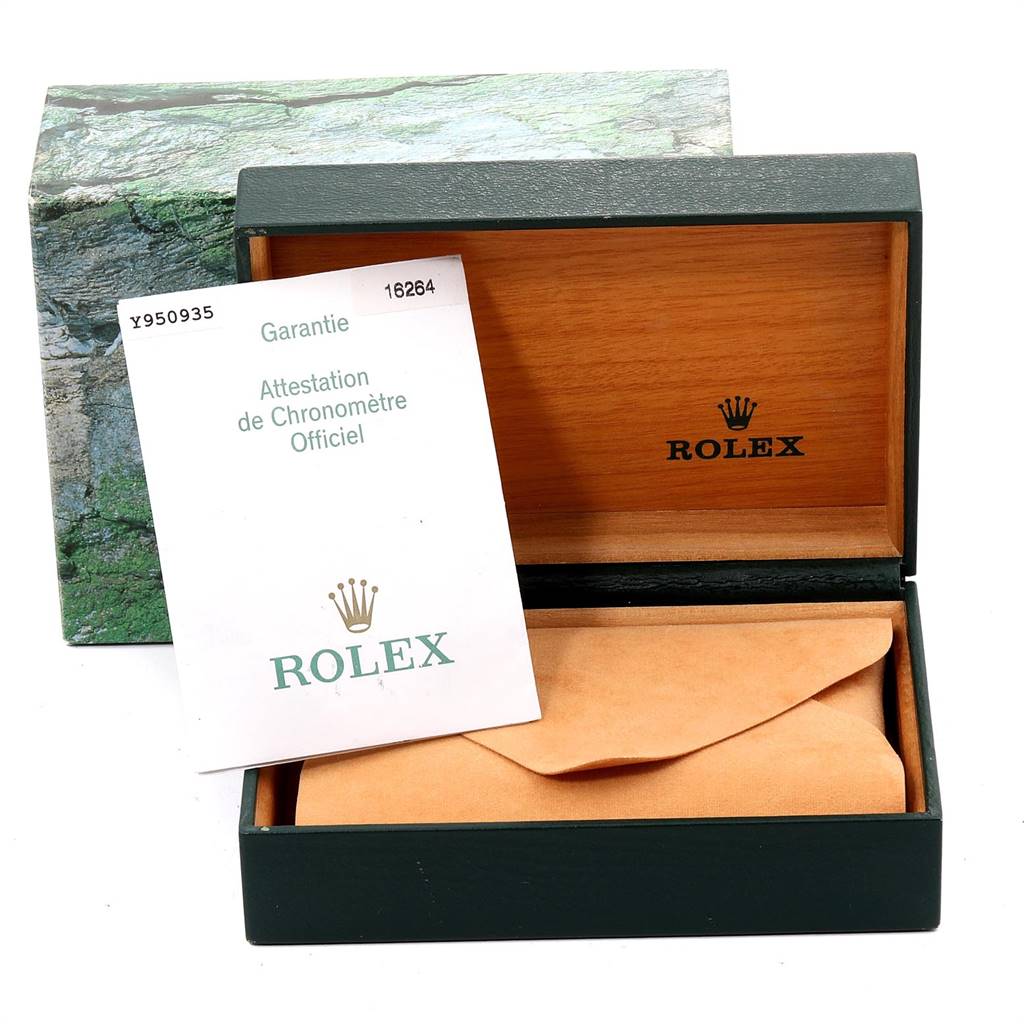 The image shows the original box and warranty card for a Rolex Turn-o-Graph 16264 Men
s Stainless Steel Silver Dial 16264 Men
s Stainless Steel Silver Dial watch.