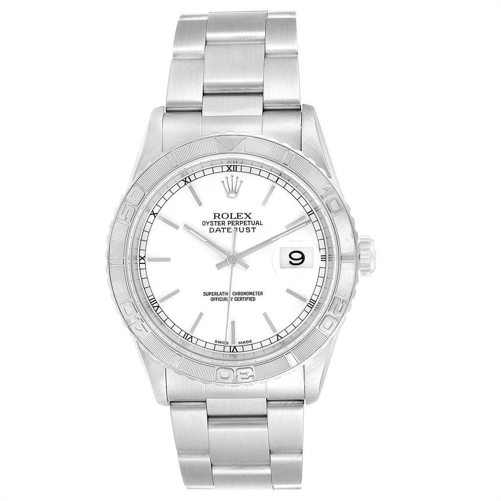 This image shows a front view of a Rolex Turn-o-Graph 16264 Men
s Stainless Steel White Dial 16264 Men
s Stainless Steel White Dial watch, detailing the face, bezel, and bracelet.