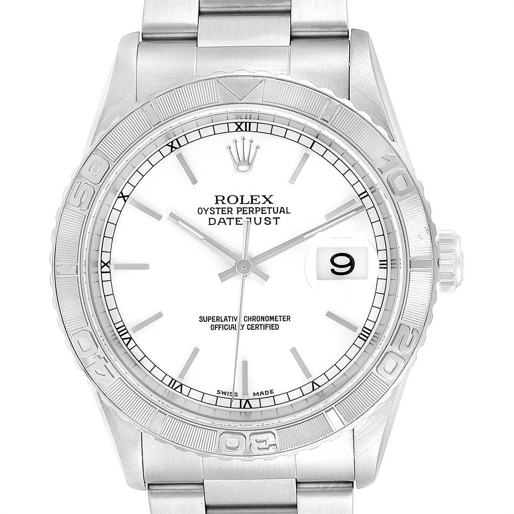 The image shows a frontal view of the Rolex Turn-o-Graph 16264 Men
s Stainless Steel White Dial 16264 Men
s Stainless Steel White Dial watch displaying its face, bezel, and bracelet.