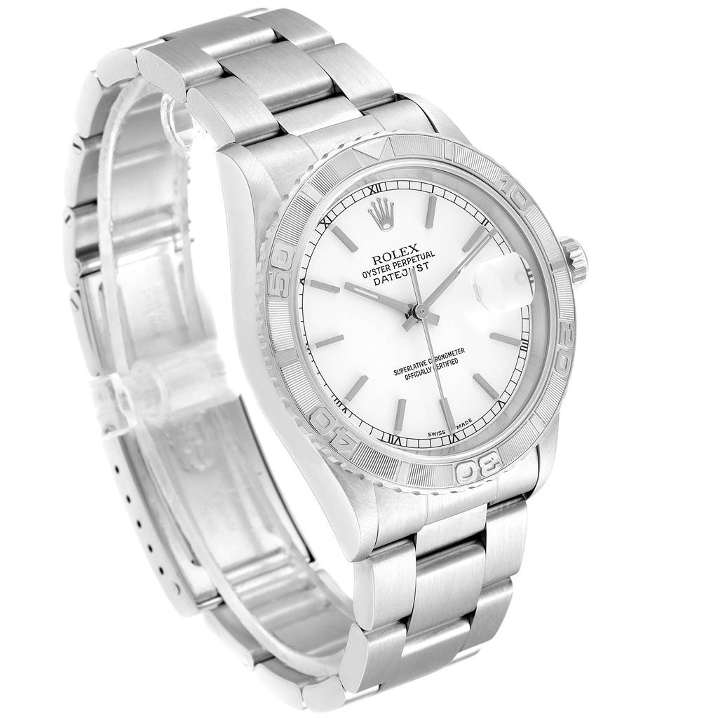 The image shows a side angle of the Rolex Turn-o-Graph 16264 Men
s Stainless Steel White Dial 16264 Men
s Stainless Steel White Dial watch, highlighting its dial, bezel, bracelet, and clasp.