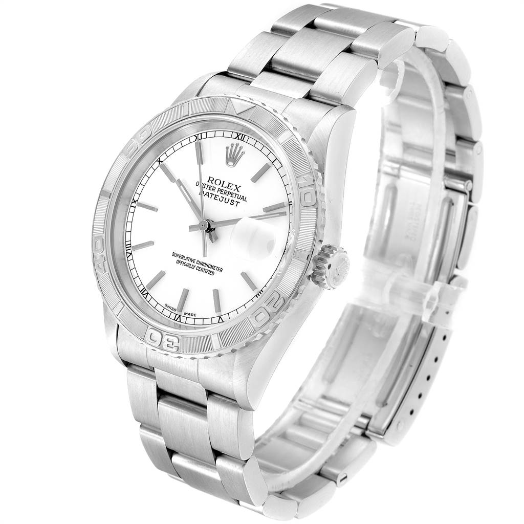 The Rolex Turn-o-Graph 16264 Men
s Stainless Steel White Dial 16264 Men
s Stainless Steel White Dial watch is shown at an oblique angle, displaying the face, bezel, crown, and part of the bracelet.