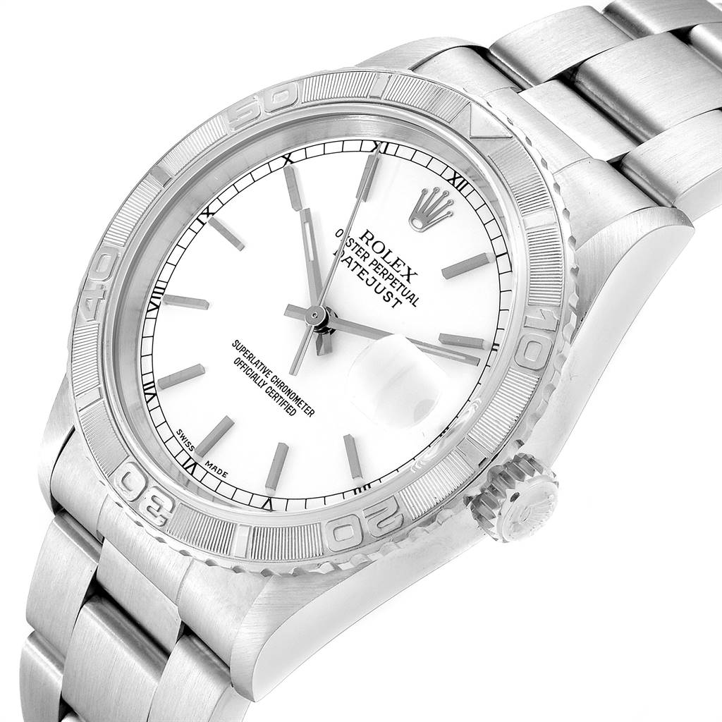 The image shows a Rolex Turn-o-Graph 16264 Men
s Stainless Steel White Dial 16264 Men
s Stainless Steel White Dial watch angled slightly from the side, displaying the face, bezel, crown, and part of the bracelet.