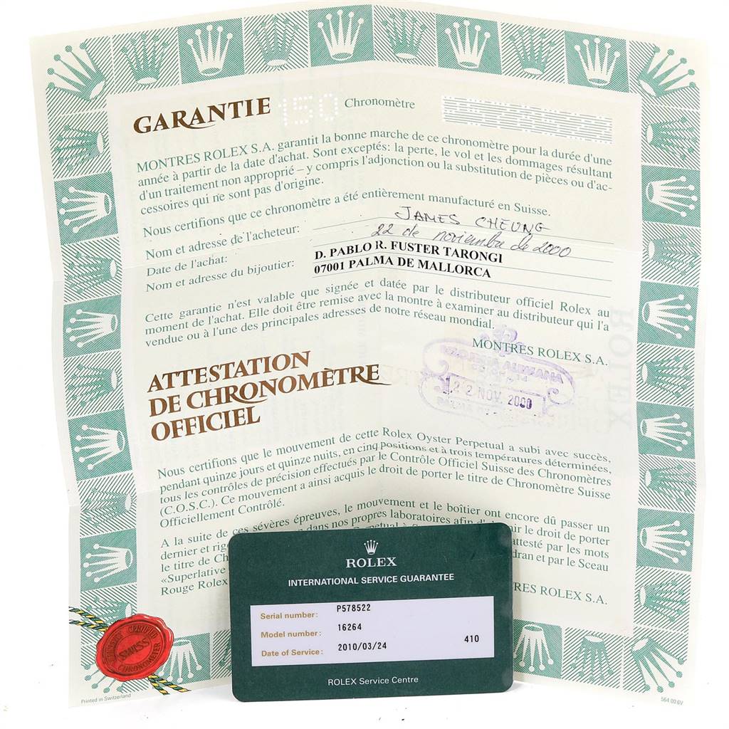 The image shows the warranty certificate with a green border and official seal for a Rolex Turn-o-Graph 16264 Men
s Stainless Steel White Dial 16264 Men
s Stainless Steel White Dial model.