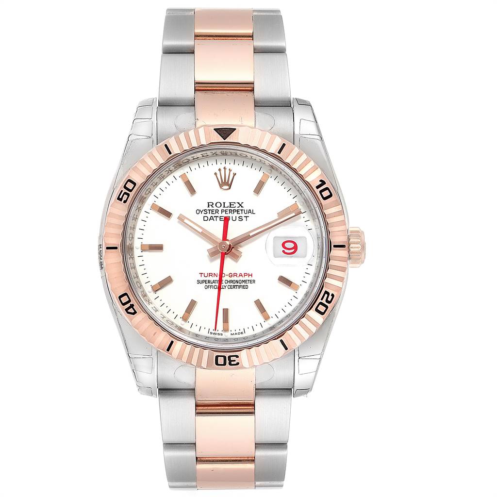 The image shows a front view of the Rolex Turn-o-Graph 116261 Men's Steel and Gold (two tone) White Dial 116261 Men's Steel and Gold (two tone) White Dial watch, featuring a two-tone bracelet and a white dial with a date window.