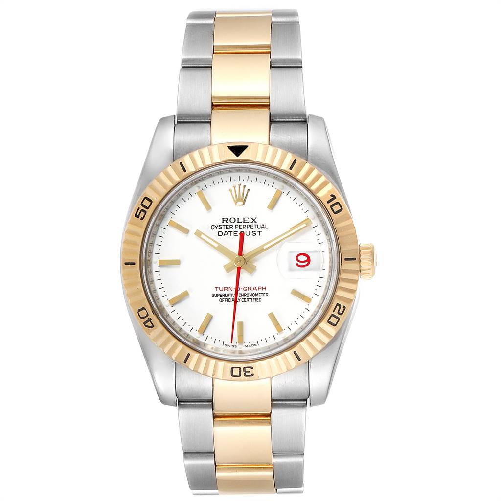 This image shows a frontal view of a Rolex Turn-o-Graph 116263 Men's Stainless Steel White Dial 116263 Men's Stainless Steel White Dial watch, highlighting its dial, bezels, and two-tone bracelet.