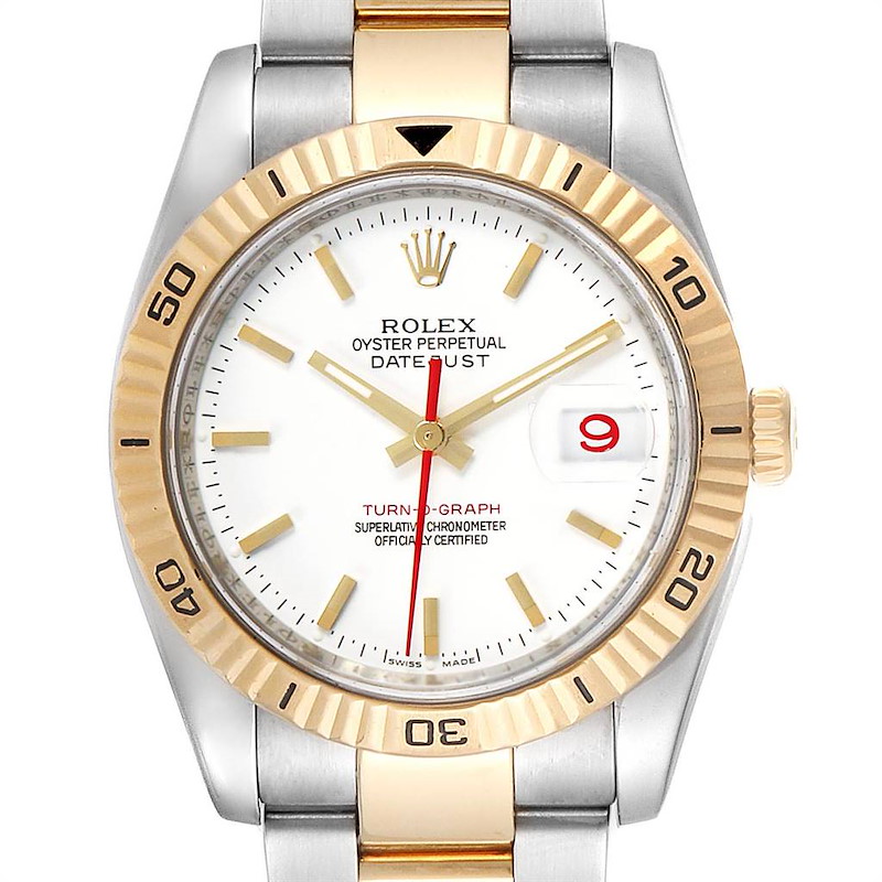 Rolex Datejust Turnograph Steel Yellow Gold Red Hand Mens Watch 116263 SwissWatchExpo