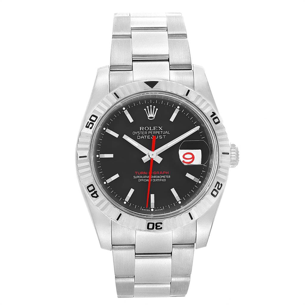 The image shows a front view of the Rolex Turn-o-Graph 116264 Men's Stainless Steel Black Dial 116264 Men's Stainless Steel Black Dial watch, displaying its face, bezel, and bracelet.