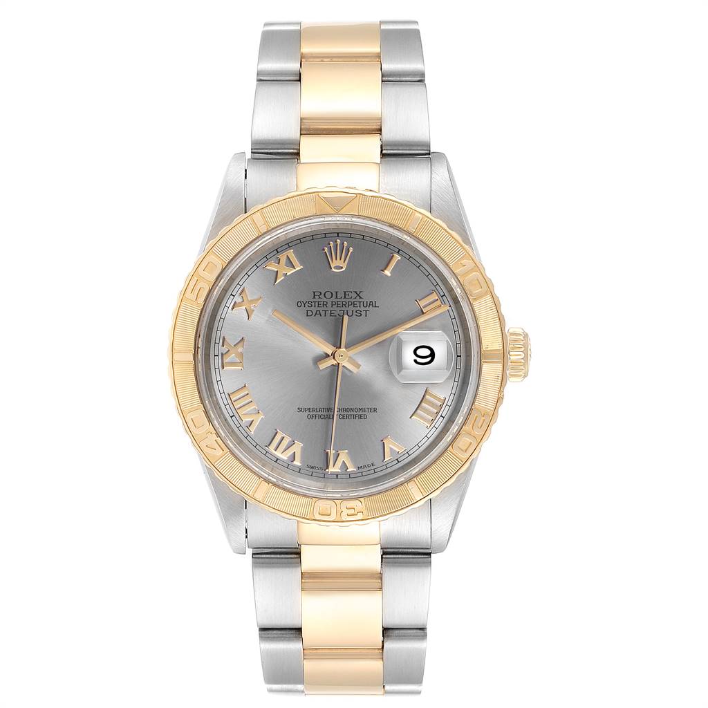 The Rolex Turn-o-Graph 16263 Men
s Steel and Gold (two tone) Grey Dial 16263 Men
s Steel and Gold (two tone) Grey Dial watch is shown from the front, displaying its face, bezel, and two-tone band.