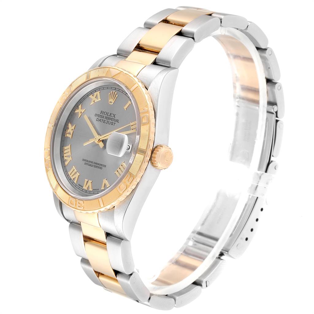 The image displays a Rolex Turn-o-Graph 16263 Men
s Steel and Gold (two tone) Grey Dial 16263 Men
s Steel and Gold (two tone) Grey Dial watch at a slight angle, showing its face, bezel, crown, and bracelet clearly.