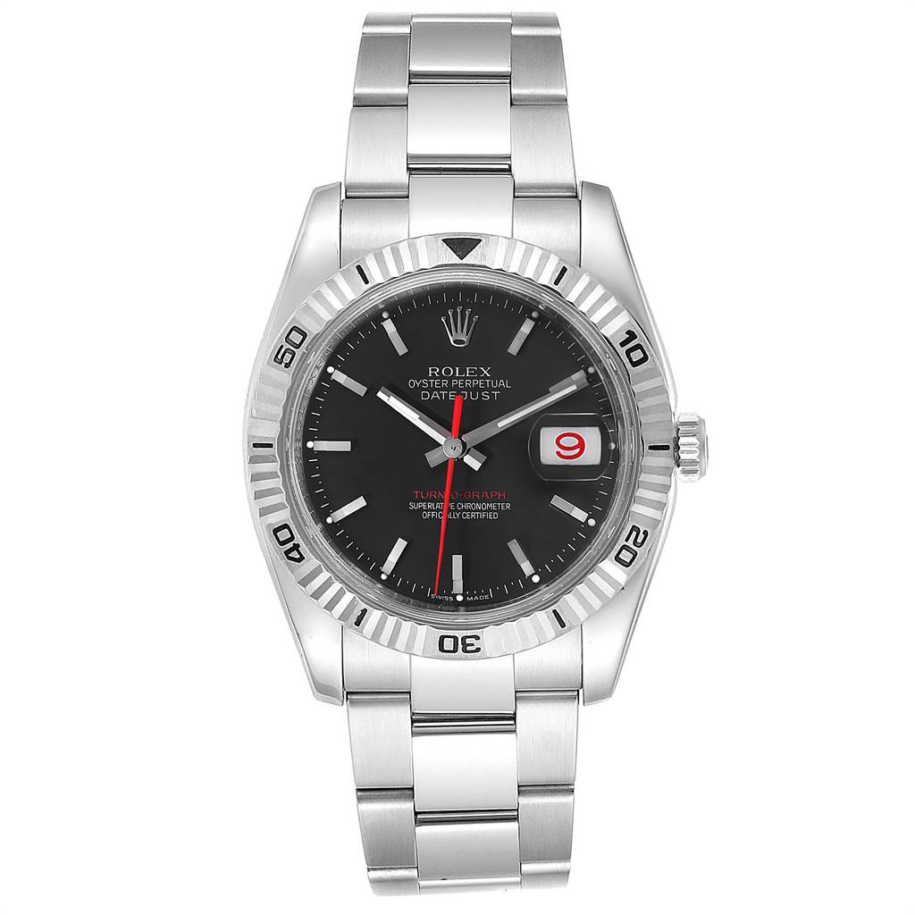 The Rolex Turn-o-Graph 116264 Men
s Stainless Steel Black Dial 116264 Men
s Stainless Steel Black Dial watch is shown from a front angle, displaying the face, bezel, and bracelet.