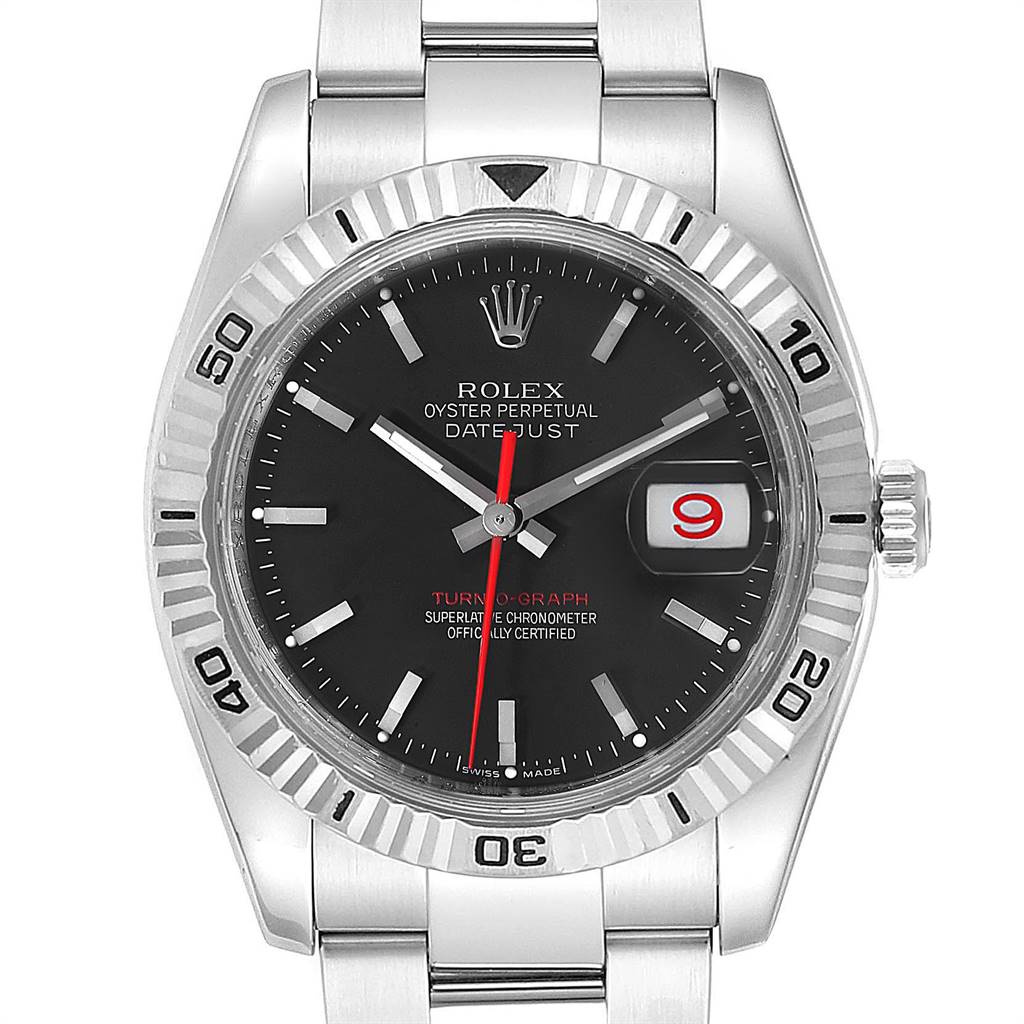 The Rolex Turn-o-Graph 116264 Men
s Stainless Steel Black Dial 116264 Men
s Stainless Steel Black Dial watch is shown from the front, displaying its dial, bezel, and part of the bracelet.