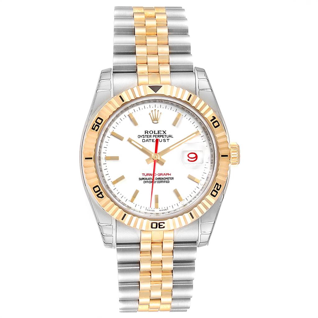 The image shows a Rolex Turn-o-Graph 116263 Men
s Steel and Gold (two tone) White Dial 116263 Men
s Steel and Gold (two tone) White Dial watch from a front angle, highlighting its two-tone bracelet, fluted bezel, and dial.