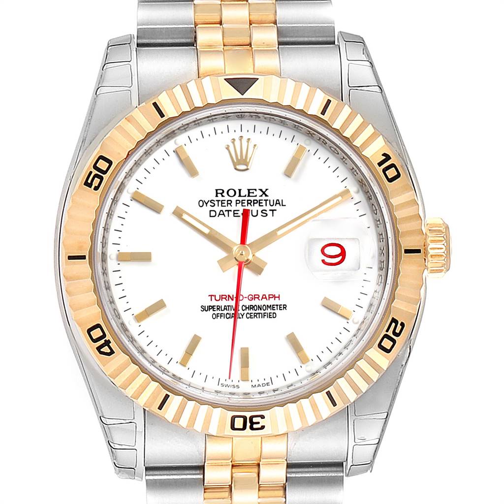 The image shows a front view of a Rolex Turn-o-Graph 116263 Men
s Steel and Gold (two tone) White Dial 116263 Men
s Steel and Gold (two tone) White Dial watch, highlighting its face, bezel, and part of the bracelet.