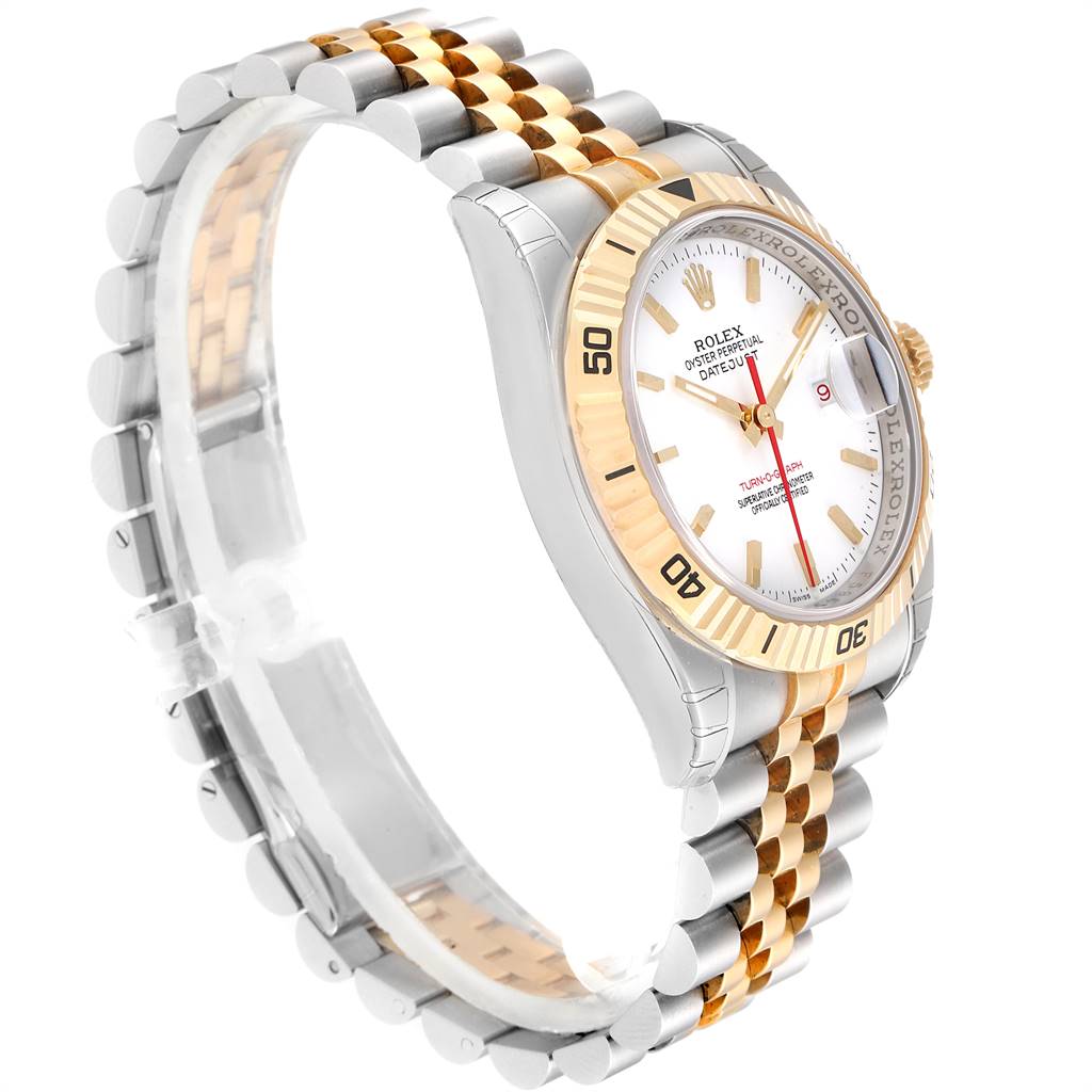 The image shows a side angle of the Rolex Turn-o-Graph 116263 Men
s Steel and Gold (two tone) White Dial 116263 Men
s Steel and Gold (two tone) White Dial watch, highlighting its bezel, dial, and dual-tone bracelet.