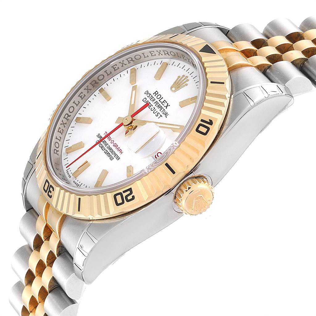 This image shows a side angle view of the Rolex Turn-o-Graph 116263 Men
s Steel and Gold (two tone) White Dial 116263 Men
s Steel and Gold (two tone) White Dial watch highlighting the bezel, crown, dial, and part of the bracelet.