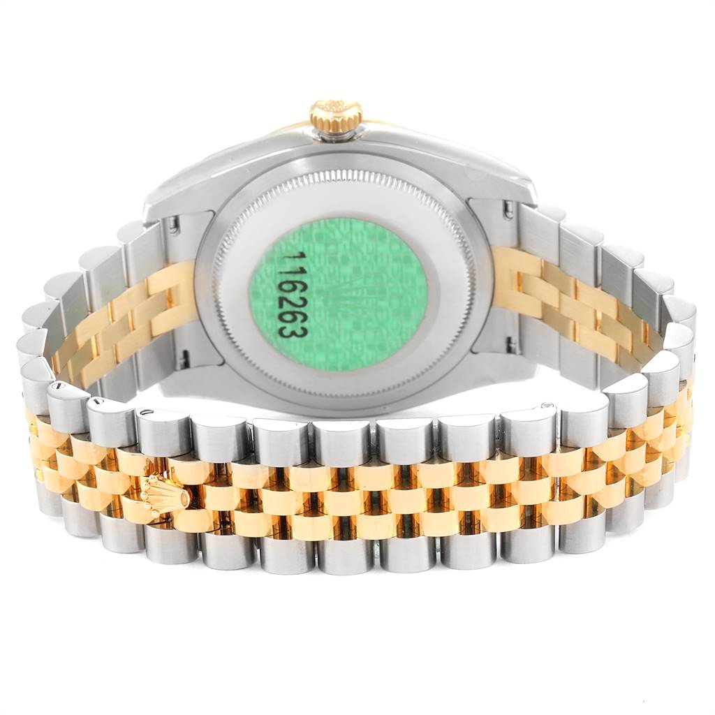 The image shows the back case and bracelet of the Rolex Turn-o-Graph 116263 Men
s Steel and Gold (two tone) White Dial 116263 Men
s Steel and Gold (two tone) White Dial watch from a rear angle.