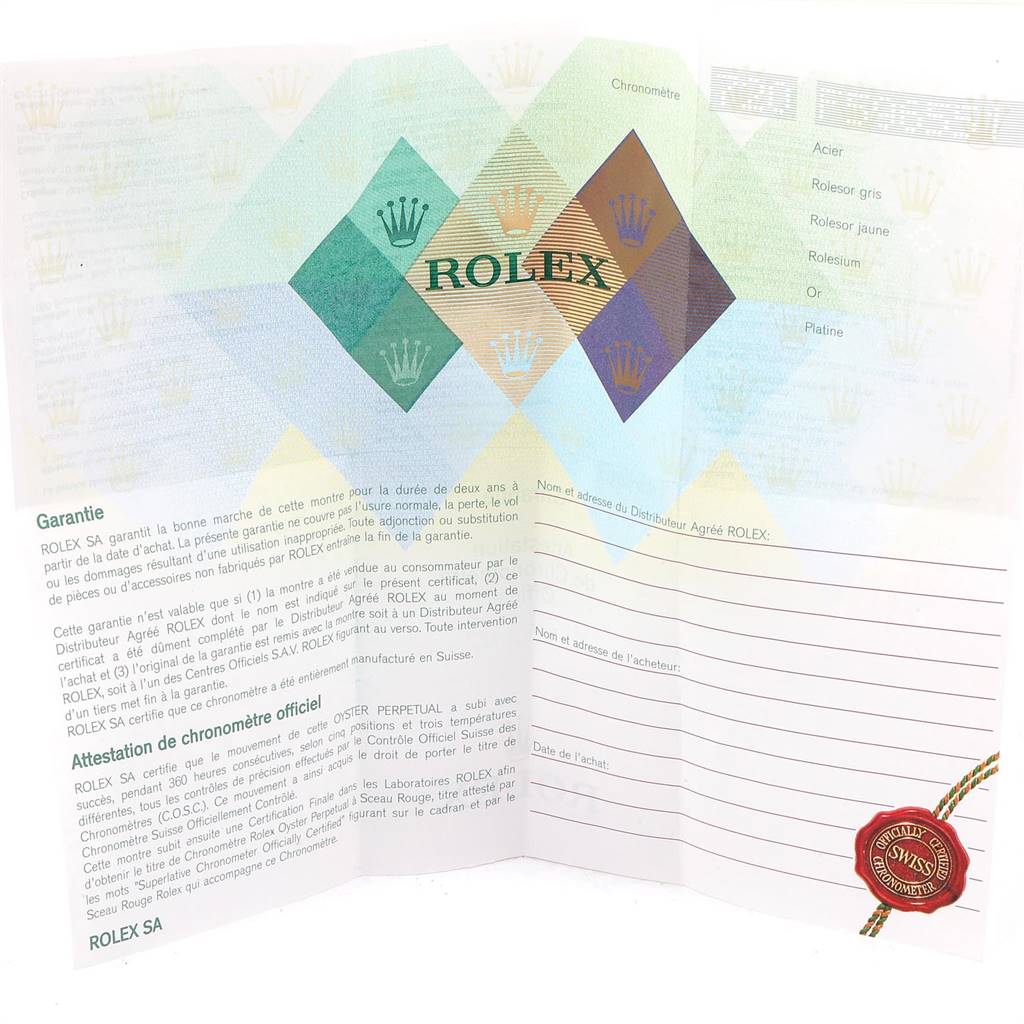This image shows the warranty card and documentation for the Rolex Turn-o-Graph 116263 Men
s Steel and Gold (two tone) White Dial 116263 Men
s Steel and Gold (two tone) White Dial model.