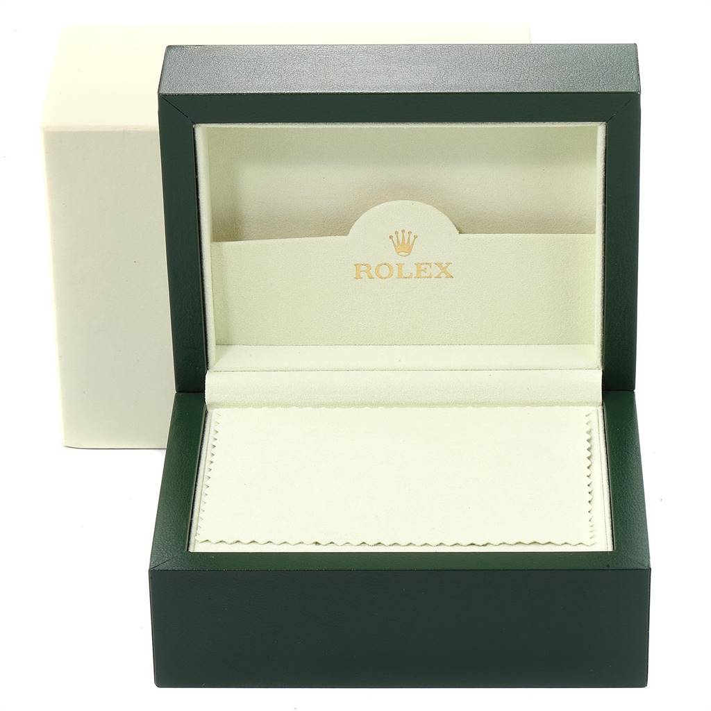 The image shows an open Rolex Turn-o-Graph 116263 Men
s Stainless Steel White Dial 116263 Men
s Stainless Steel White Dial watch box with a cream interior and the Rolex logo.