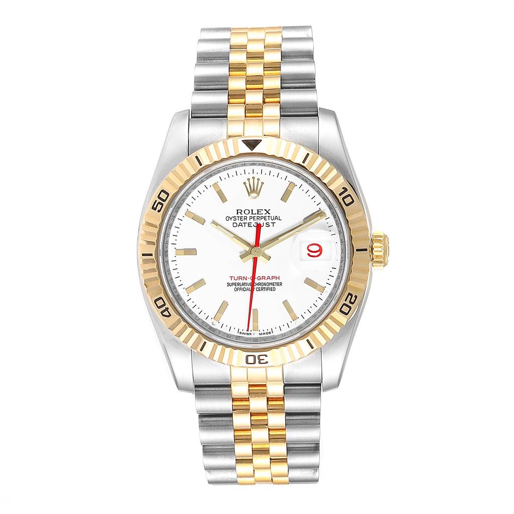 The image shows a Rolex Turn-o-Graph 116263 Men
s Stainless Steel White Dial 116263 Men
s Stainless Steel White Dial watch from a top-down angle, displaying the face, bezel, and two-tone bracelet.