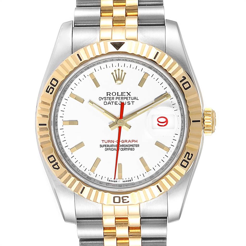 The image shows a front view of the Rolex Turn-o-Graph 116263 Men
s Stainless Steel White Dial 116263 Men
s Stainless Steel White Dial watch, highlighting its white dial, gold bezel, and two-tone bracelet.