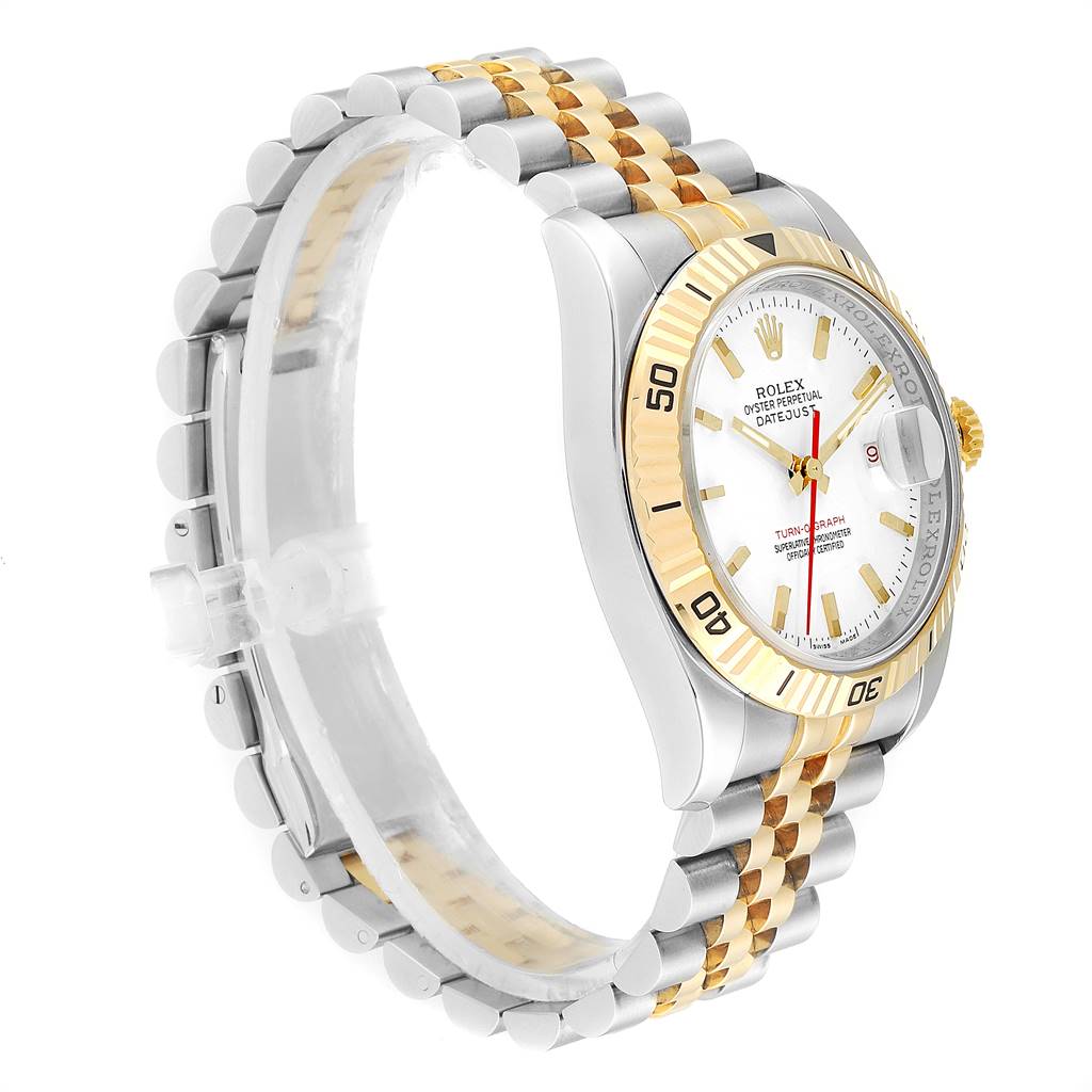 The image shows a Rolex Turn-o-Graph 116263 Men
s Stainless Steel White Dial 116263 Men
s Stainless Steel White Dial watch from a side angle, highlighting its two-tone bracelet and bezel.