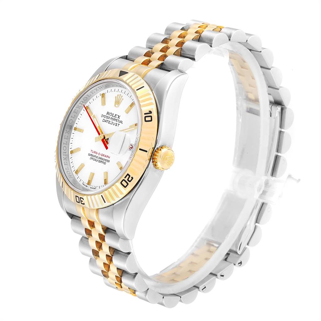 The image shows a Rolex Turn-o-Graph 116263 Men
s Stainless Steel White Dial 116263 Men
s Stainless Steel White Dial watch at a slight side angle, highlighting its gold bezel, crown, and two-tone bracelet.