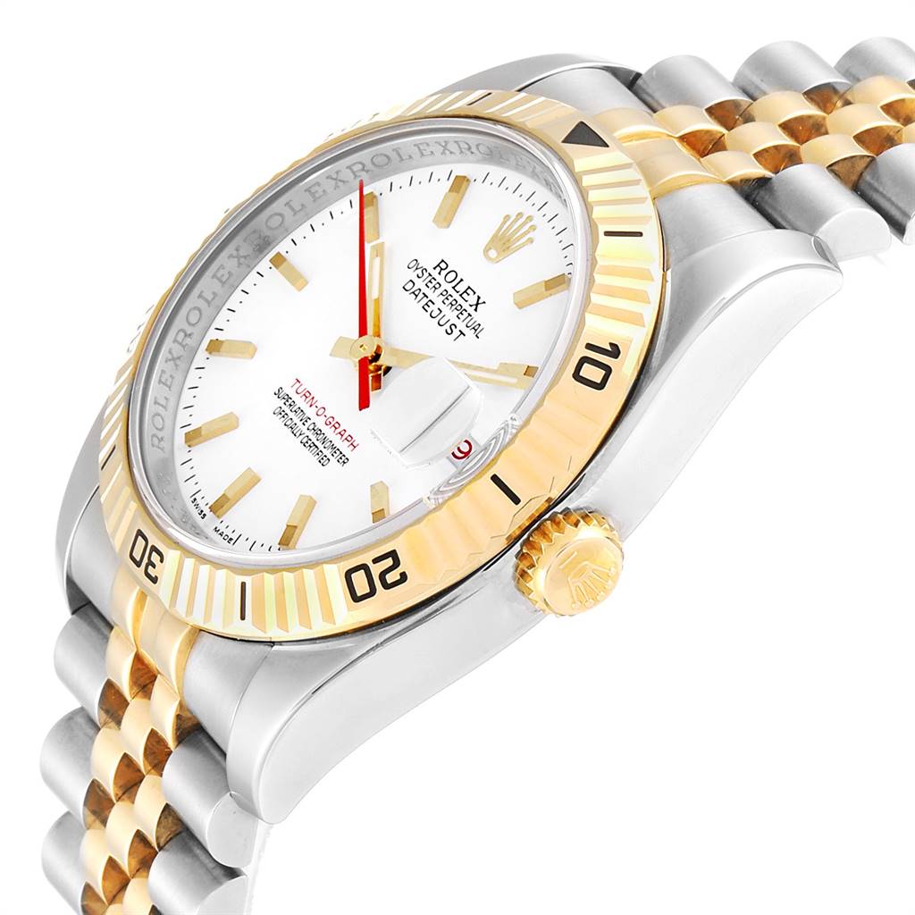 This image shows a close-up of the Rolex Turn-o-Graph 116263 Men
s Stainless Steel White Dial 116263 Men
s Stainless Steel White Dial watch, focusing on the face, bezel, crown, and part of the bracelet.