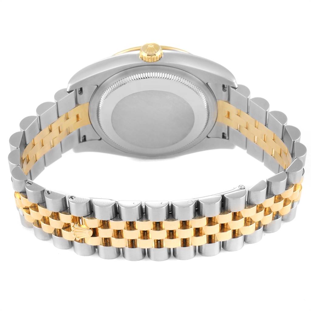 This image shows the back case and two-tone bracelet of a Rolex Turn-o-Graph 116263 Men
s Stainless Steel White Dial 116263 Men
s Stainless Steel White Dial watch from a rear angle.