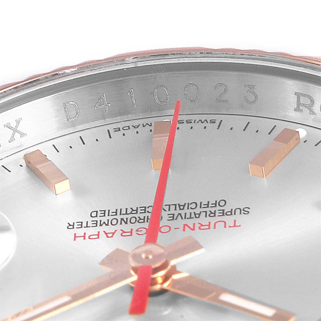 The image shows a close-up view of the Rolex Turn-o-Graph 116261 Men's Steel and Gold (two tone) Silver Dial 116261 Men's Steel and Gold (two tone) Silver Dial watch face, highlighting the model number, dial, markers, and second hand.