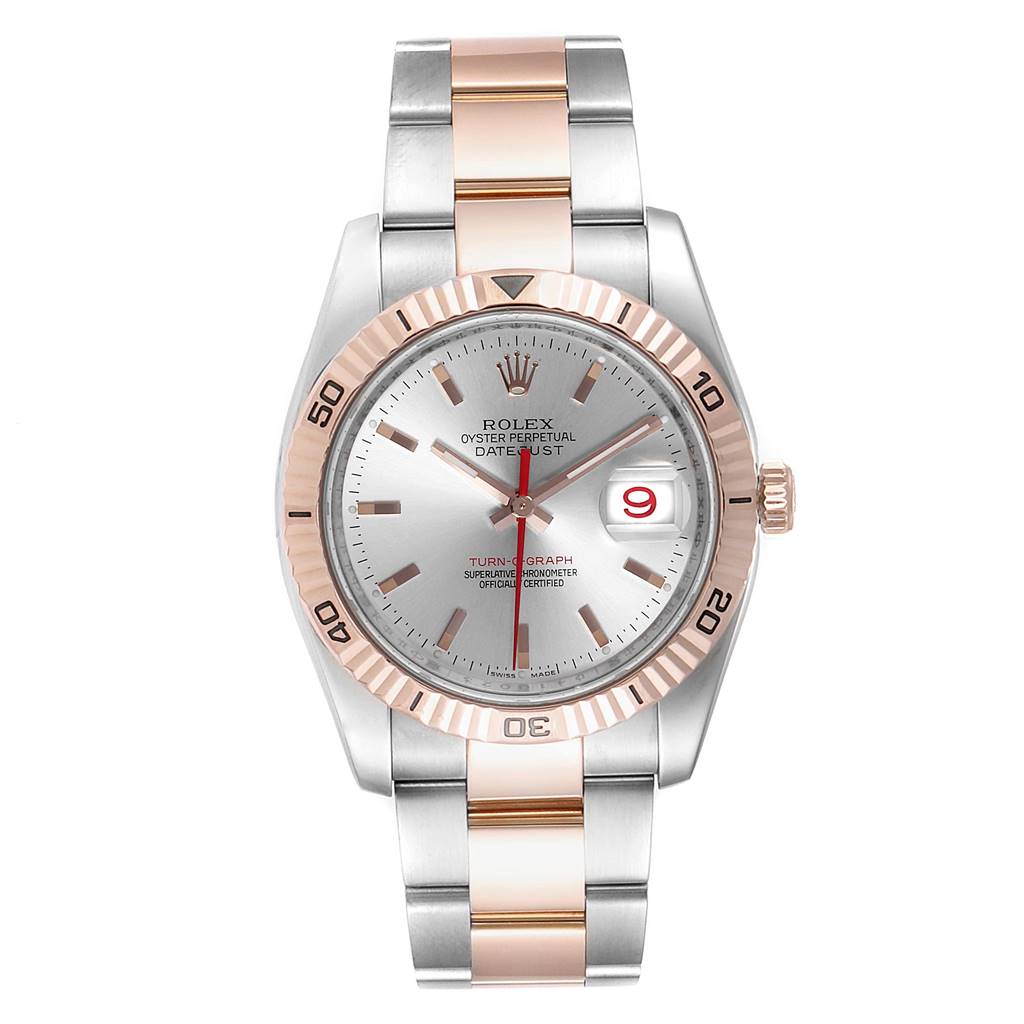 This image shows a front view of the Rolex Turn-o-Graph 116261 Men's Steel and Gold (two tone) Silver Dial 116261 Men's Steel and Gold (two tone) Silver Dial watch, displaying its dial, bezel, and bracelet.