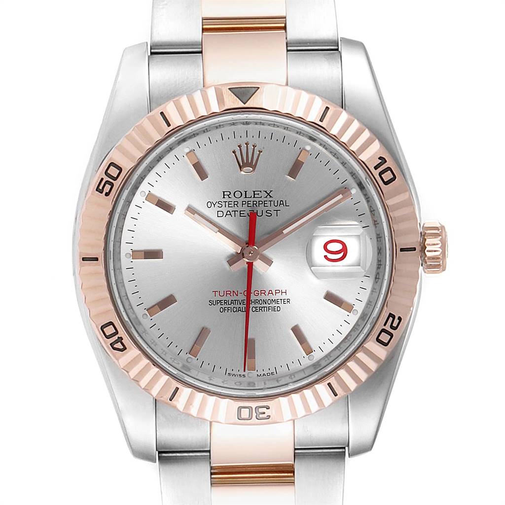 The image displays a front view of the Rolex Turn-o-Graph 116261 Men's Steel and Gold (two tone) Silver Dial 116261 Men's Steel and Gold (two tone) Silver Dial watch, showcasing its face, bezel, and part of the bracelet.