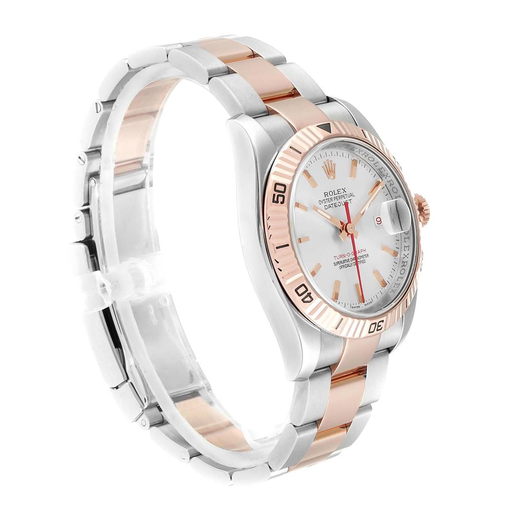 The image shows a Rolex Turn-o-Graph 116261 Men's Steel and Gold (two tone) Silver Dial 116261 Men's Steel and Gold (two tone) Silver Dial watch from a front-side angle, highlighting its two-tone bracelet, dial, bezel, and crown.