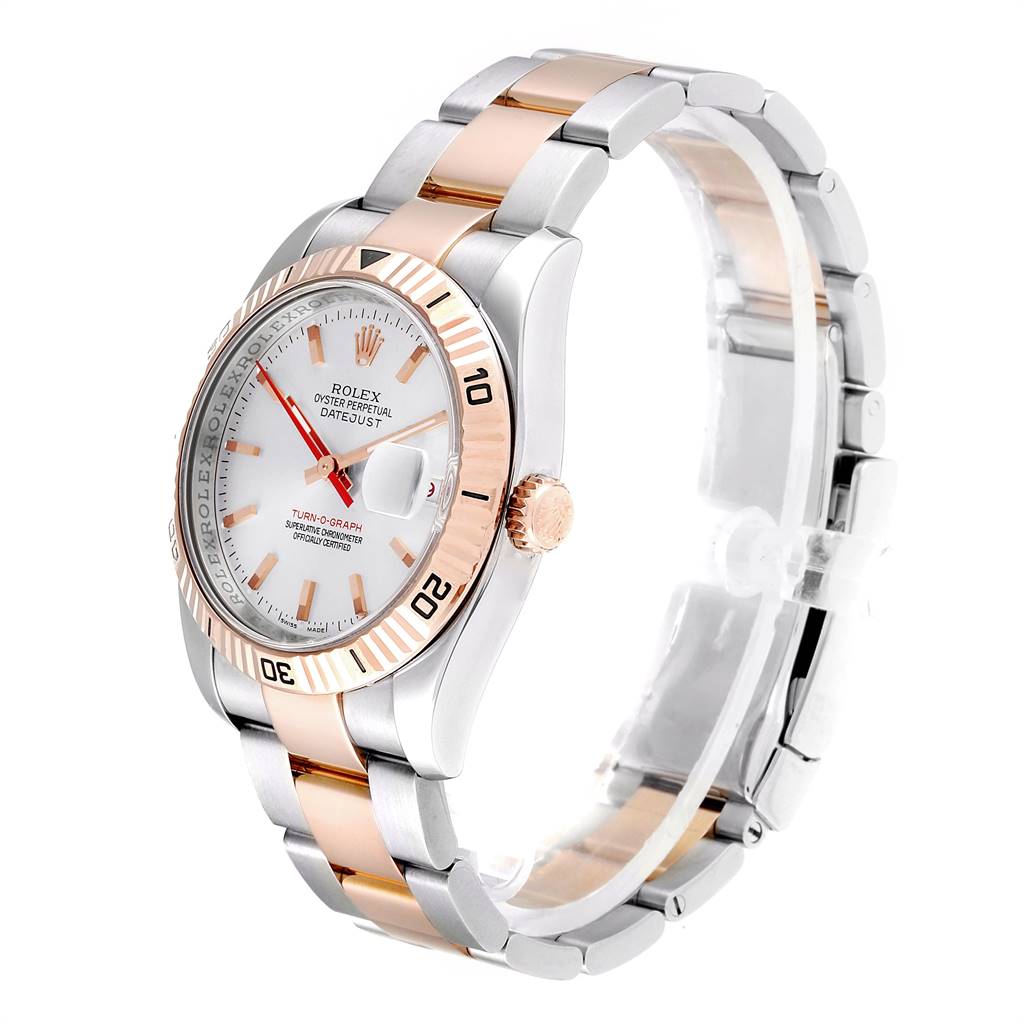 The image shows a side-angle view of a Rolex Turn-o-Graph 116261 Men's Steel and Gold (two tone) Silver Dial 116261 Men's Steel and Gold (two tone) Silver Dial, featuring its bezel, dial, and two-tone metal bracelet.