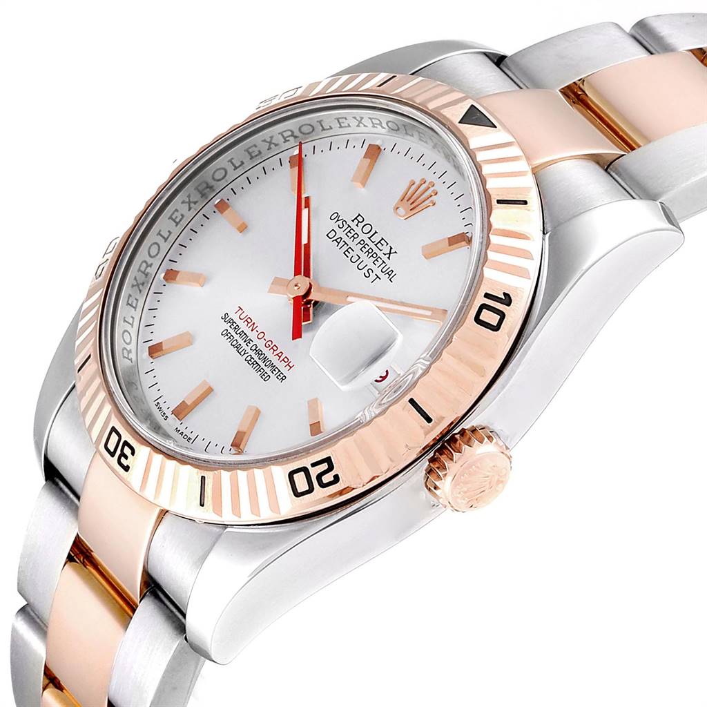 The image shows a close-up of the face, bezel, and part of the bracelet of a Rolex Turn-o-Graph 116261 Men's Steel and Gold (two tone) Silver Dial 116261 Men's Steel and Gold (two tone) Silver Dial watch.