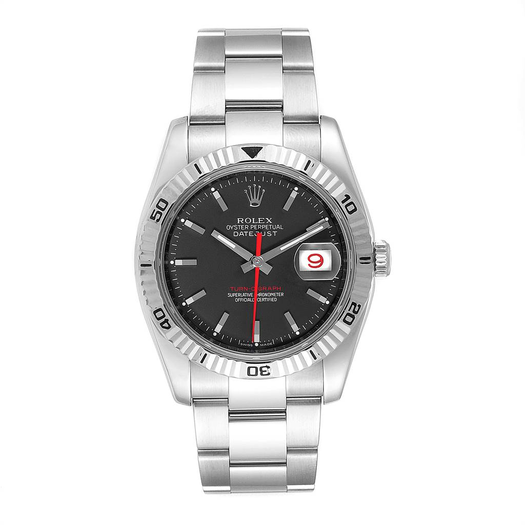 This is a front view of a Rolex Turn-o-Graph 116264 Men's Stainless Steel Black Dial 116264 Men's Stainless Steel Black Dial watch displaying its face, bezel, and bracelet.
