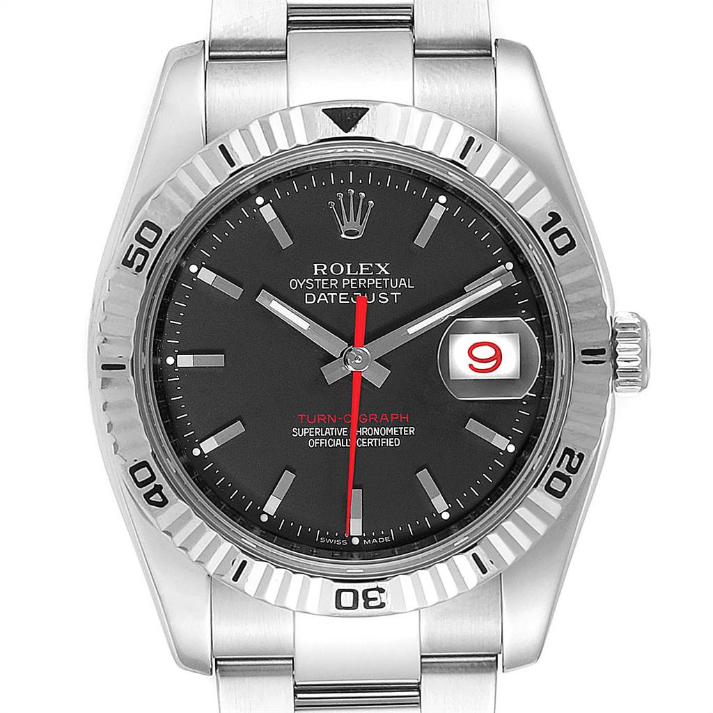 This image shows a front view of the Rolex Turn-o-Graph 116264 Men's Stainless Steel Black Dial 116264 Men's Stainless Steel Black Dial watch, displaying its dial, bezel, hands, and bracelet.