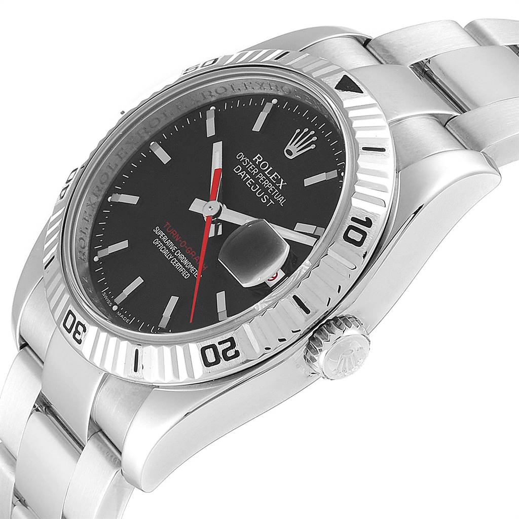 The image shows a Rolex Turn-o-Graph 116264 Men's Stainless Steel Black Dial 116264 Men's Stainless Steel Black Dial watch at a side angle, highlighting the bezel, dial, bracelet, and crown.