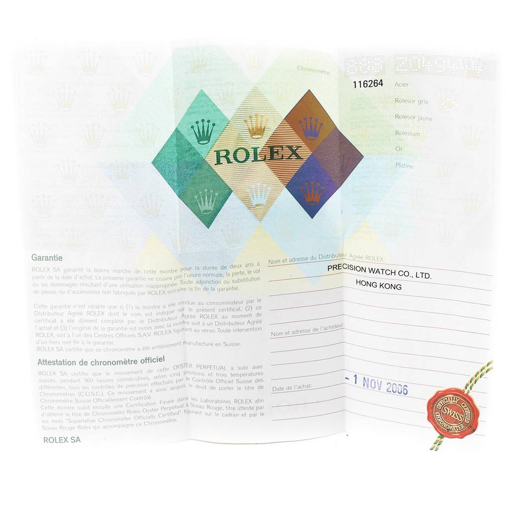 The image shows the warranty certificate for a Rolex Turn-o-Graph 116264 Men's Stainless Steel Black Dial 116264 Men's Stainless Steel Black Dial model, detailing purchase and authentication information.