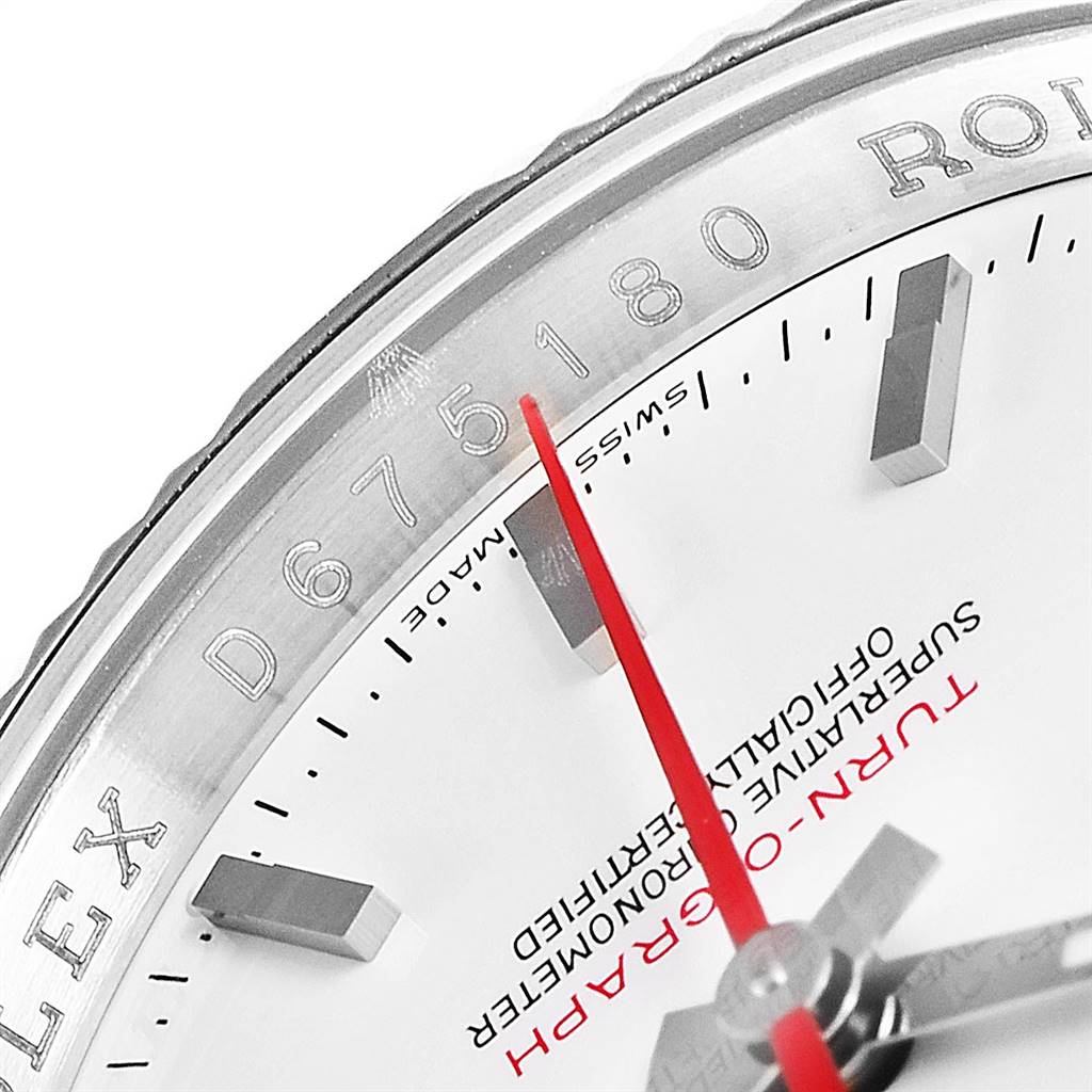 The image shows a close-up of the Rolex Turn-o-Graph 116264 Men
s Stainless Steel White Dial 116264 Men
s Stainless Steel White Dial model, detailing the watch face, bezel, and serial number.