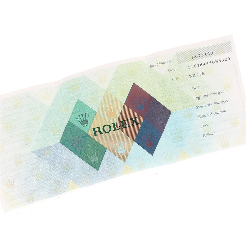 This image displays the certificate indicating the model and specifications for the Rolex Turn-o-Graph 116264 Men
s Stainless Steel White Dial 116264 Men
s Stainless Steel White Dial watch.
