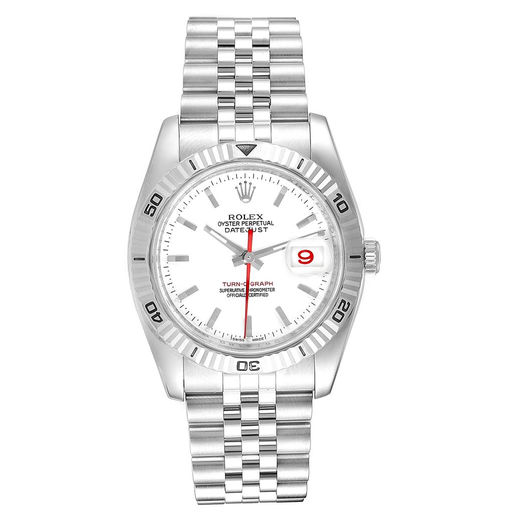 The image shows a Rolex Turn-o-Graph 116264 Men
s Stainless Steel White Dial 116264 Men
s Stainless Steel White Dial watch from a straight-on view, displaying the dial, bezel, and the full bracelet.
