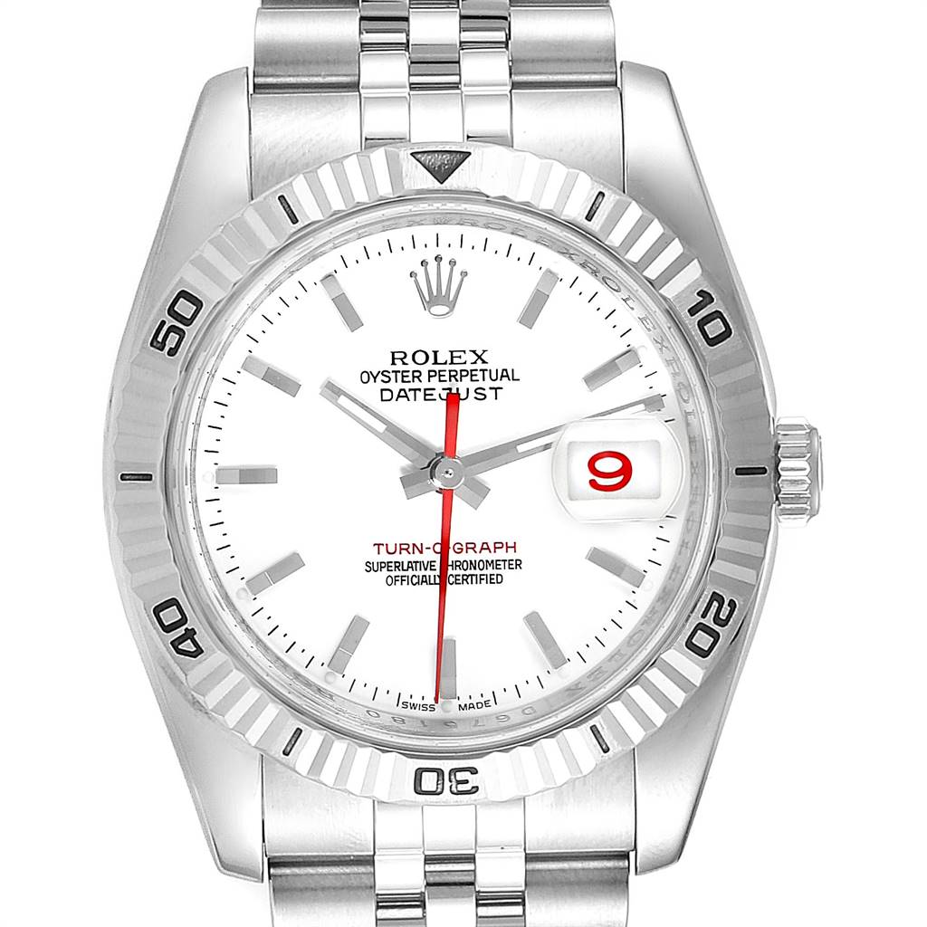 This image shows a front view of the Rolex Turn-o-Graph 116264 Men
s Stainless Steel White Dial 116264 Men
s Stainless Steel White Dial watch, highlighting its dial, bezel, and bracelet.