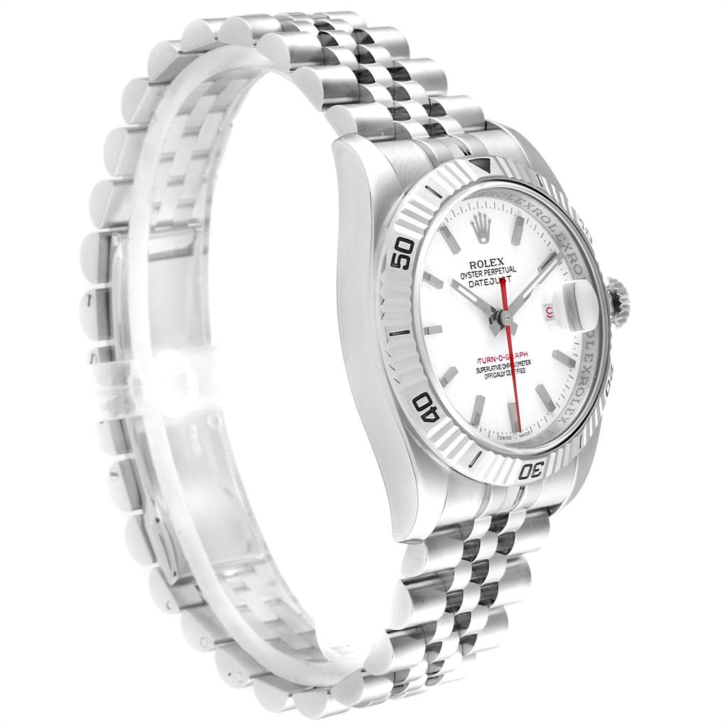 This image shows a side view of a Rolex Turn-o-Graph 116264 Men
s Stainless Steel White Dial 116264 Men
s Stainless Steel White Dial wristwatch, highlighting the dial, bezel, and bracelet.