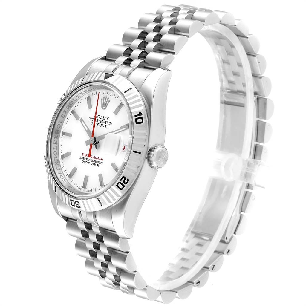 This image shows a side angle of a Rolex Turn-o-Graph 116264 Men
s Stainless Steel White Dial 116264 Men
s Stainless Steel White Dial watch, highlighting its bezel, crown, and jubilee bracelet.