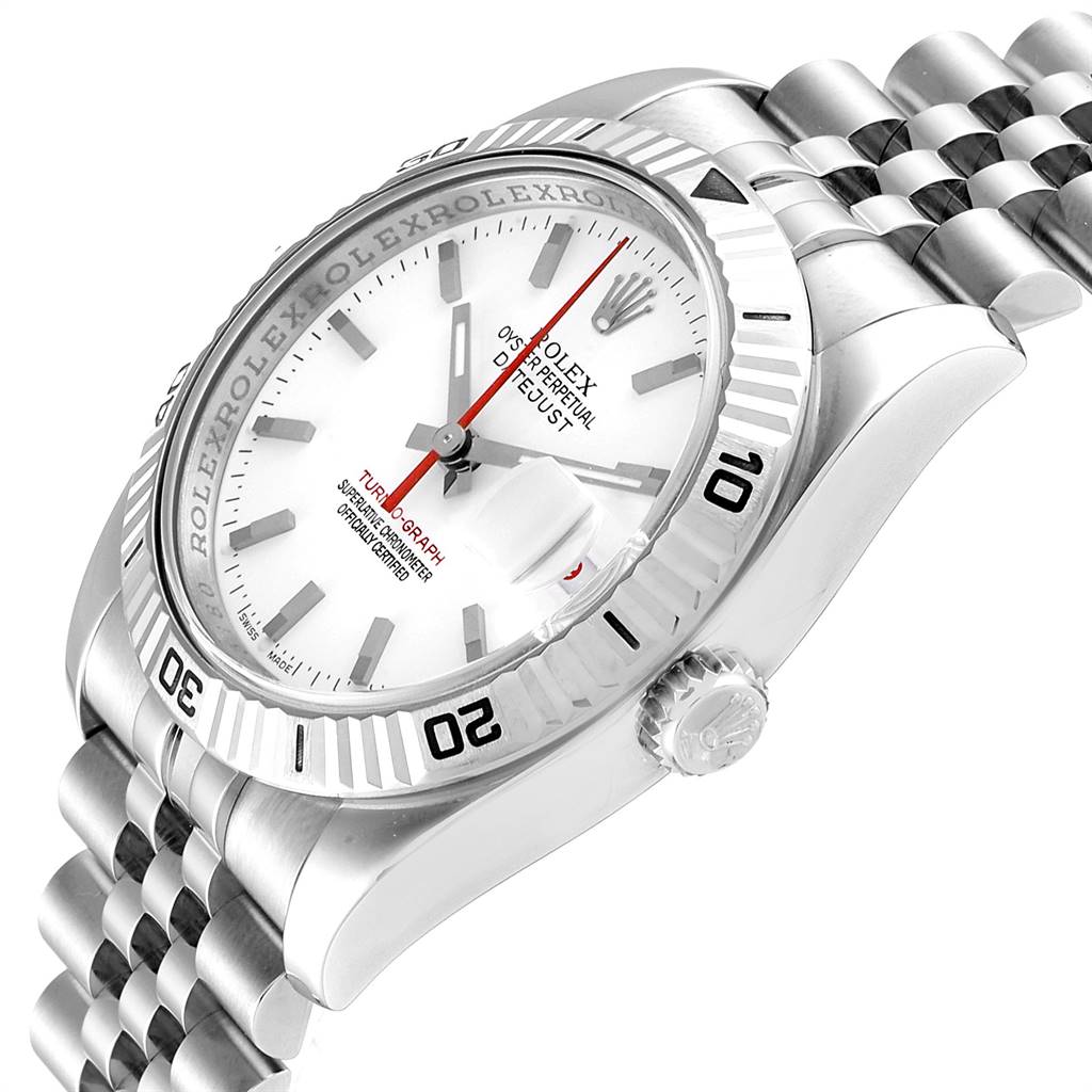 The Rolex Turn-o-Graph 116264 Men
s Stainless Steel White Dial 116264 Men
s Stainless Steel White Dial watch is shown at a right-side angle, displaying its dial, bezel, bracelet, and crown.