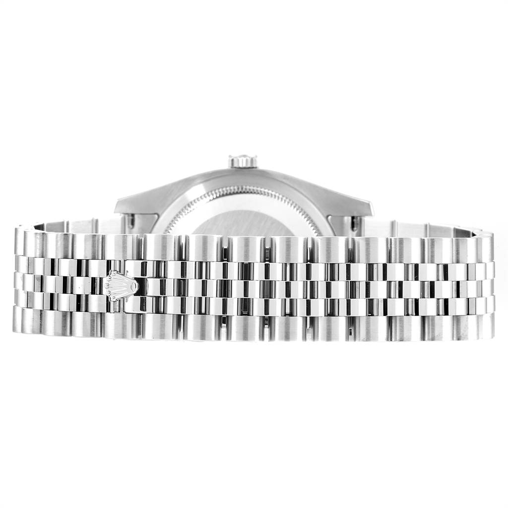 The image shows the rear view of a Rolex Turn-o-Graph 116264 Men
s Stainless Steel White Dial 116264 Men
s Stainless Steel White Dial watch, focusing on its stainless steel bracelet and case back.