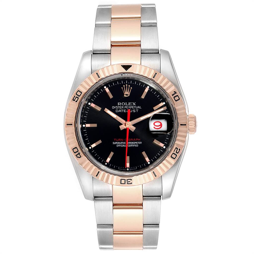 The image shows a frontal view of the Rolex Turn-o-Graph 116261 Men
s Stainless Steel Black Dial 116261 Men
s Stainless Steel Black Dial watch, featuring its dial, bezel, and bracelet.