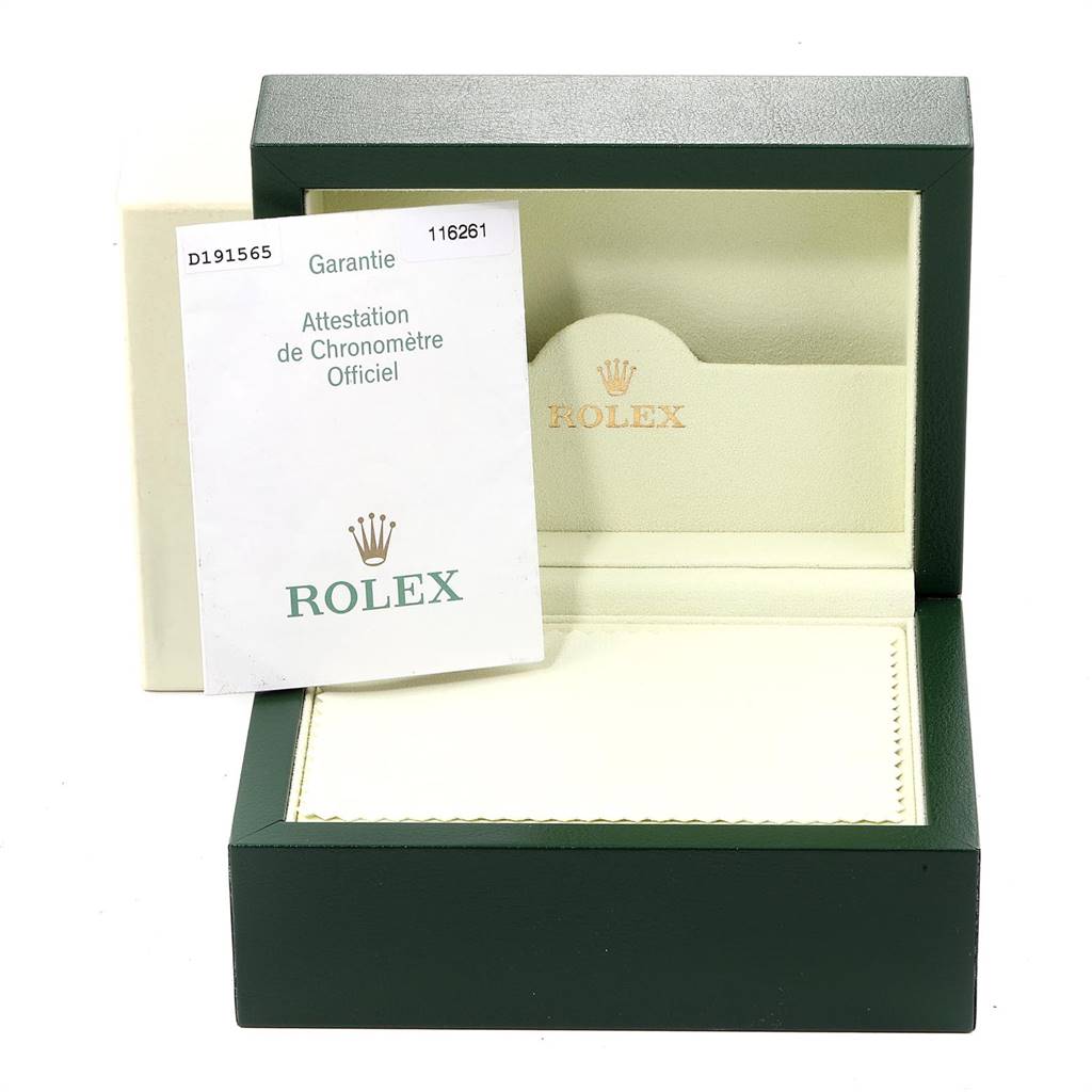 The image shows an open Rolex Turn-o-Graph 116261 Men
s Stainless Steel Black Dial 116261 Men
s Stainless Steel Black Dial watch box with a warranty card placed inside.